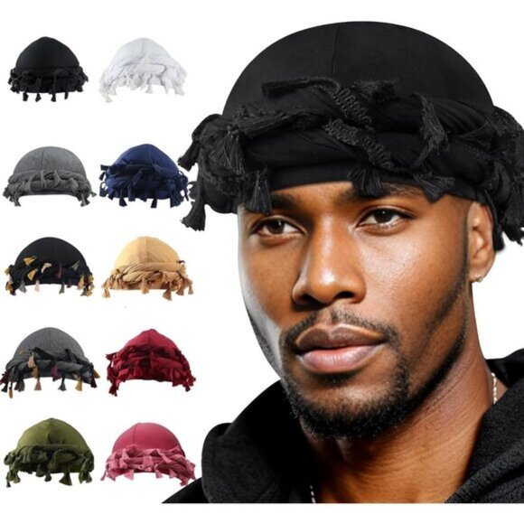 ⚡Men Women 1 Pcs- Black Satin Head Wraps Skull Cap Tassels Braid Beanie Turban - Picture 1 of 9